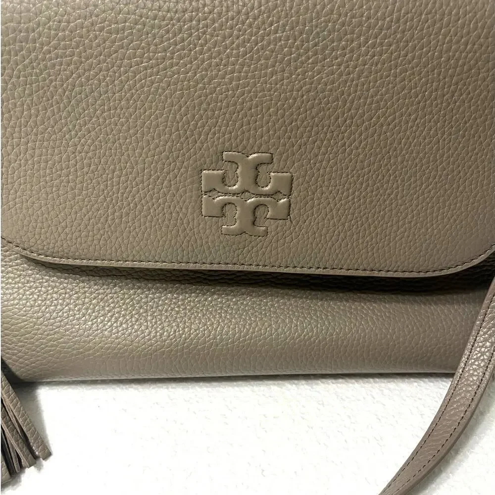 Tory Burch Thea Messenger Cross Body Bag French Gray Pebbled Leather w/Tassels